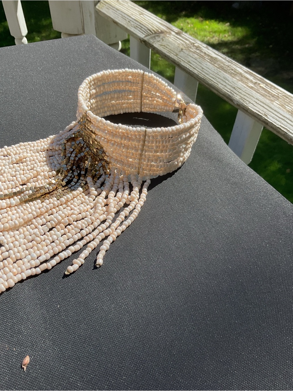 Beaded Fringe Statement Choker Necklace - Cream & Gold 17.5” long - Picture 3 of 7